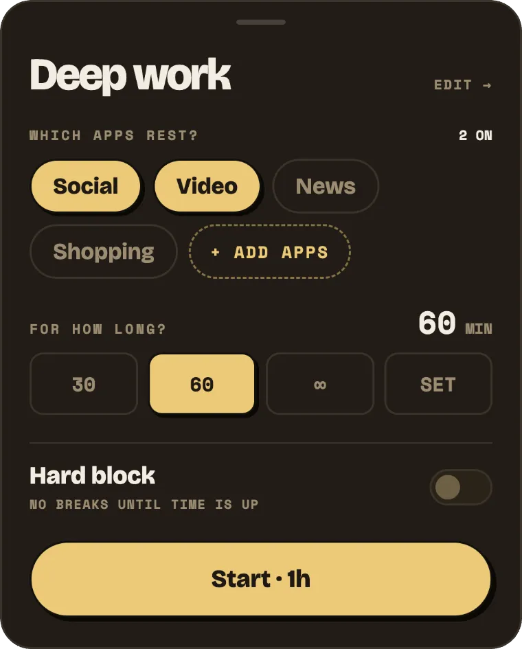 The Block now sheet: pick which apps rest and for how long, then Start.