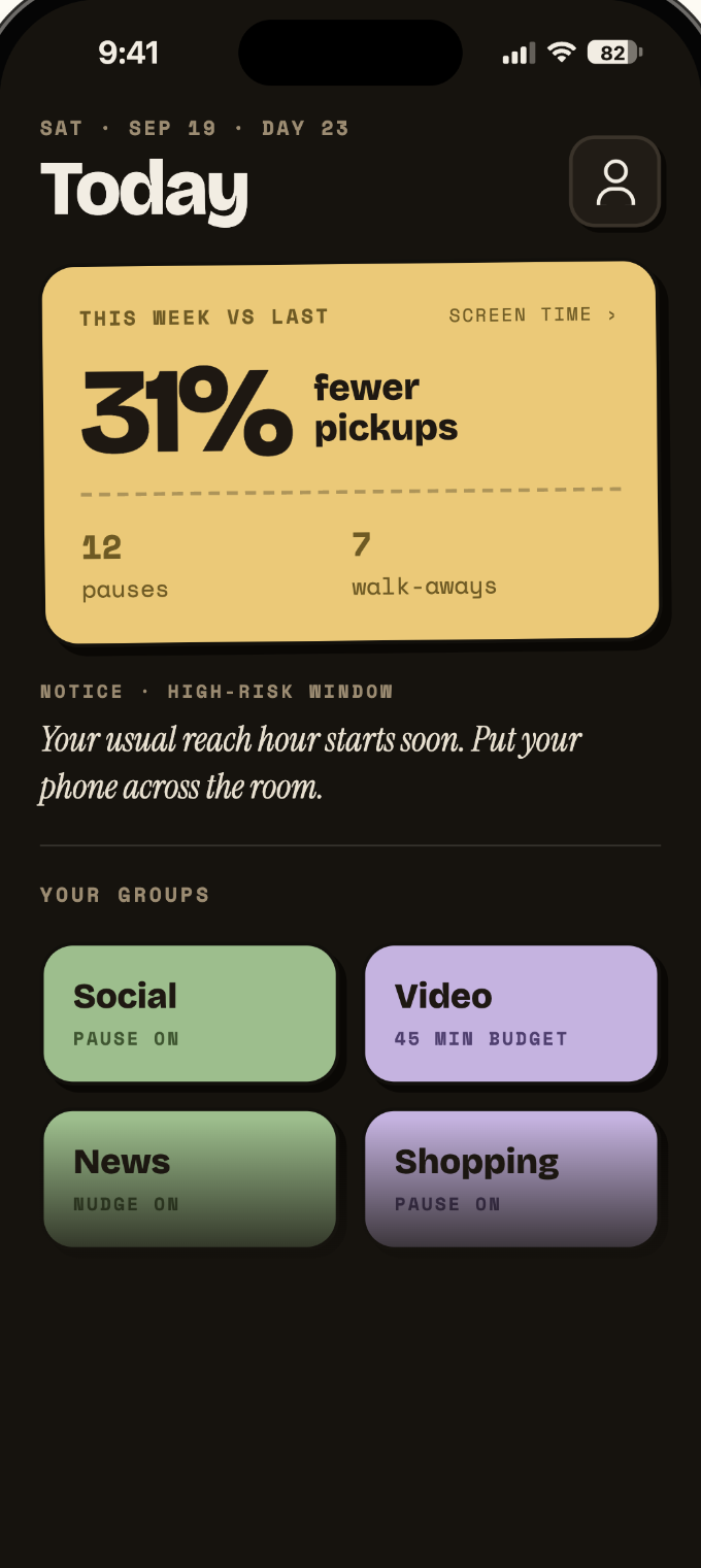 Refund's Today screen: 31% fewer pickups than last week, with your app groups below.